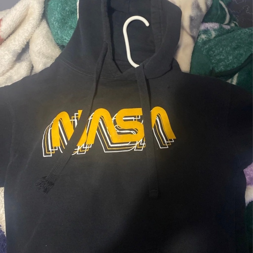 plain black hoodie with nasa lettering on front